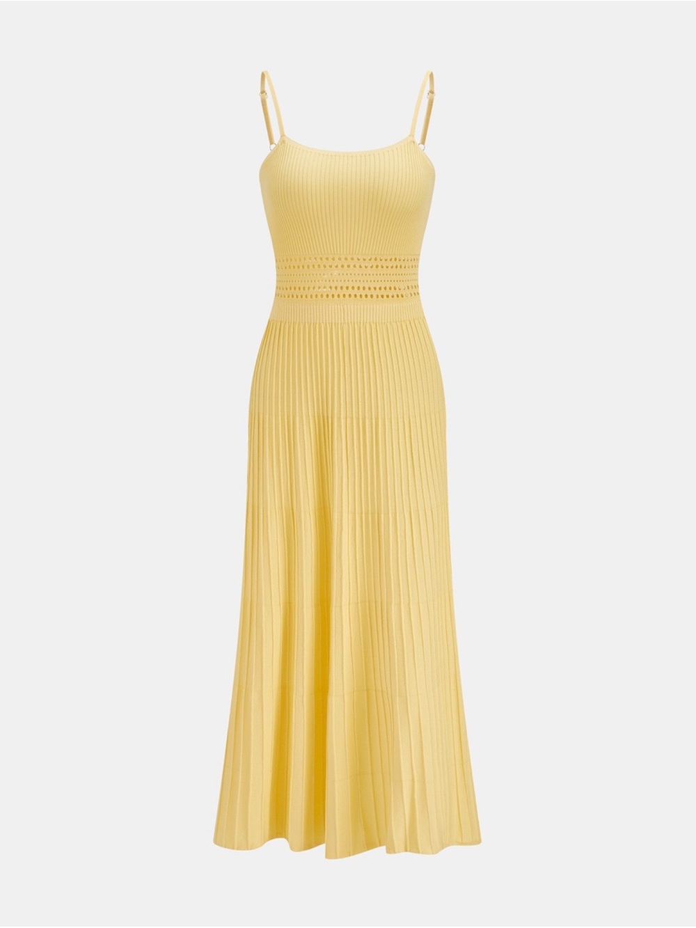 Commense Sunbeam Yellow Openwork Ribbed Knit CamMaxi Dress with Spaghetti Straps